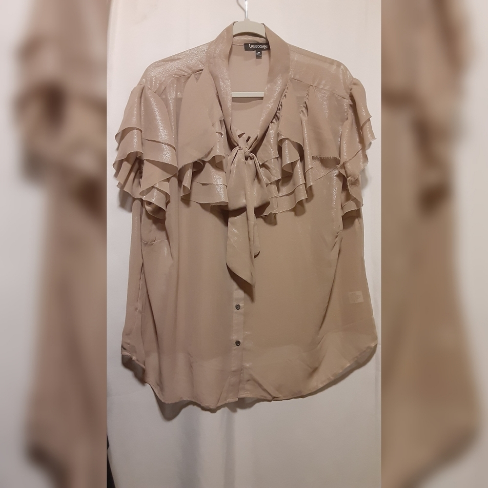 Taupe Sheer Ruffle Bow Blouse - 2X